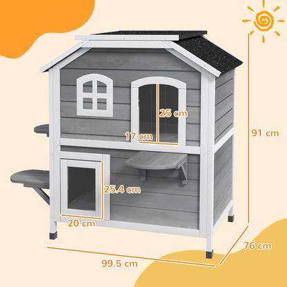 PawHut 2-story Cat House Outdoor, Weatherproof Wooden Cat Enclosure with Escape Door, Openable Roof, Jumping Platforms, Grey