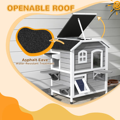 PawHut 2-story Cat House Outdoor, Weatherproof Wooden Cat Enclosure with Escape Door, Openable Roof, Jumping Platforms, Grey