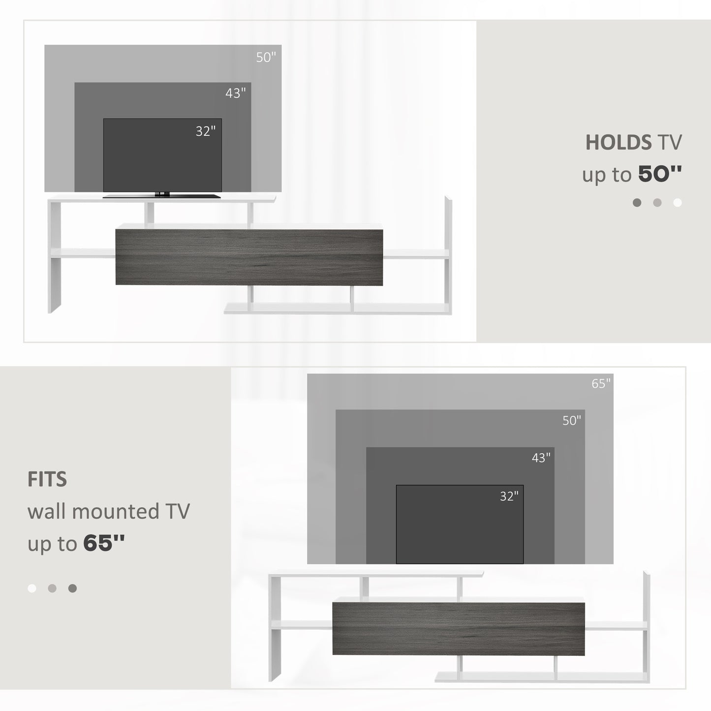 HOMCOM TV Cabinet with Wall Shelf for Wall-Mounted 65" TVs or Standing 40" TVs - White and Grey