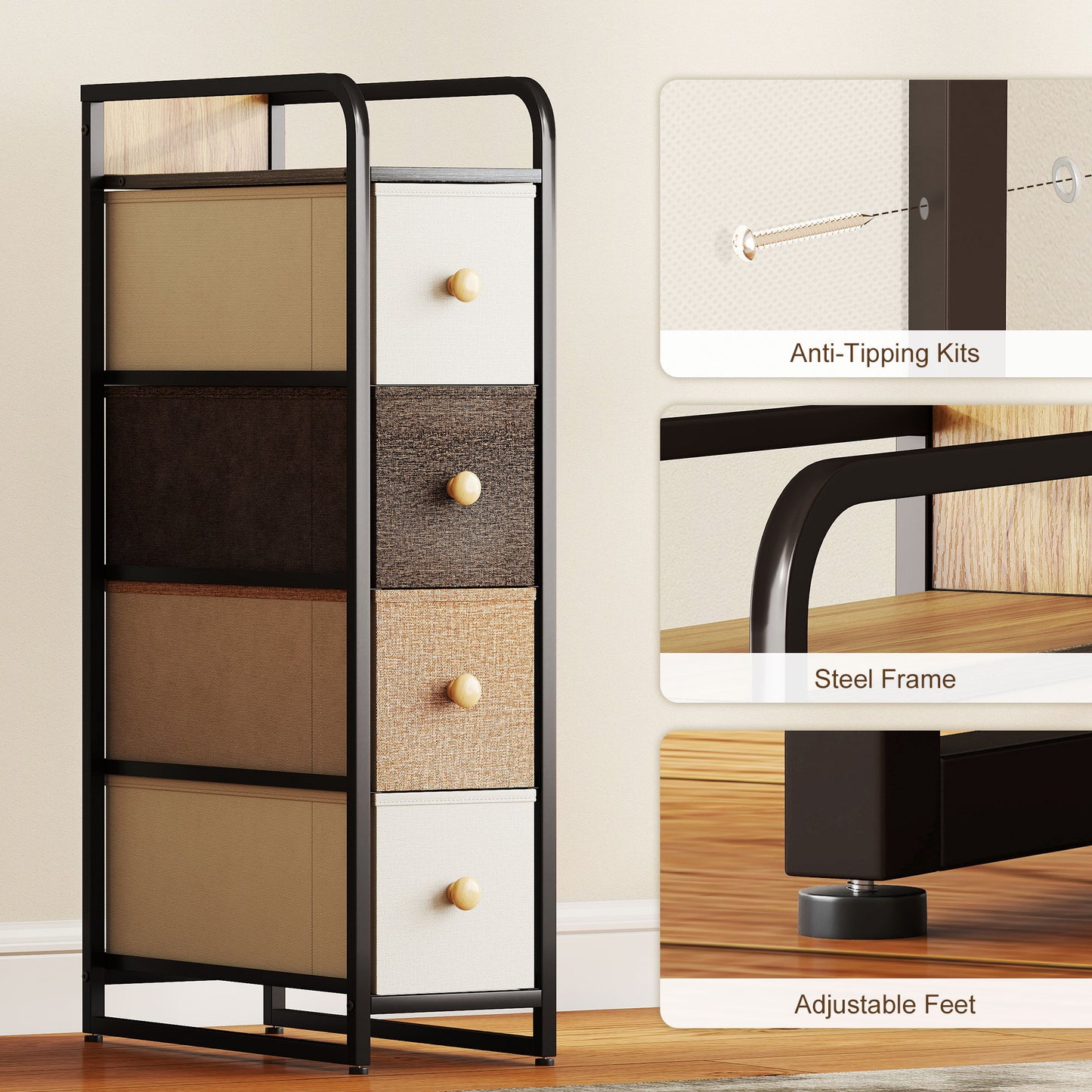 HOMCOM 4-Drawer Storage Organiser Unit, Chest of Drawers with Steel Frame for Bedroom, Living Room, Mixed-Brown