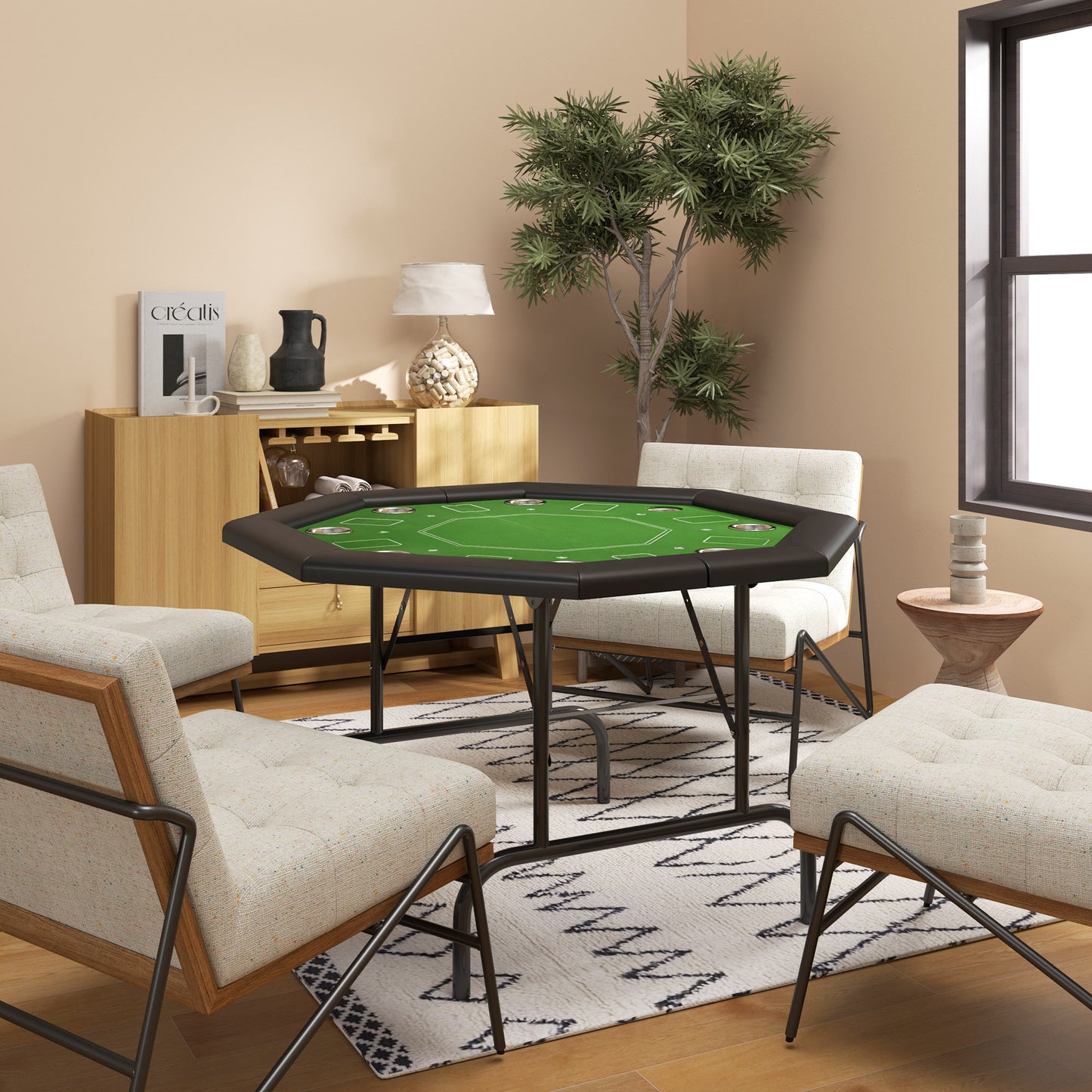 SPORTNOW 8 Player Folding Poker Table, Portable Octagon Blackjack Table with Cup Holders, Padded Edge, Green