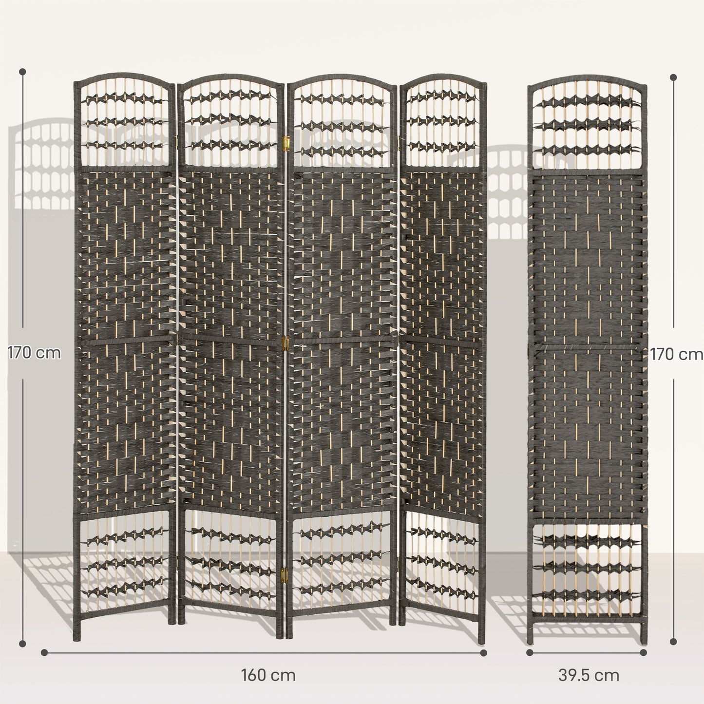 HOMCOM 4 Panel Folding Privacy Screen, Room Divider with Pine Wood Frame for Living Room and Office, Dark Grey