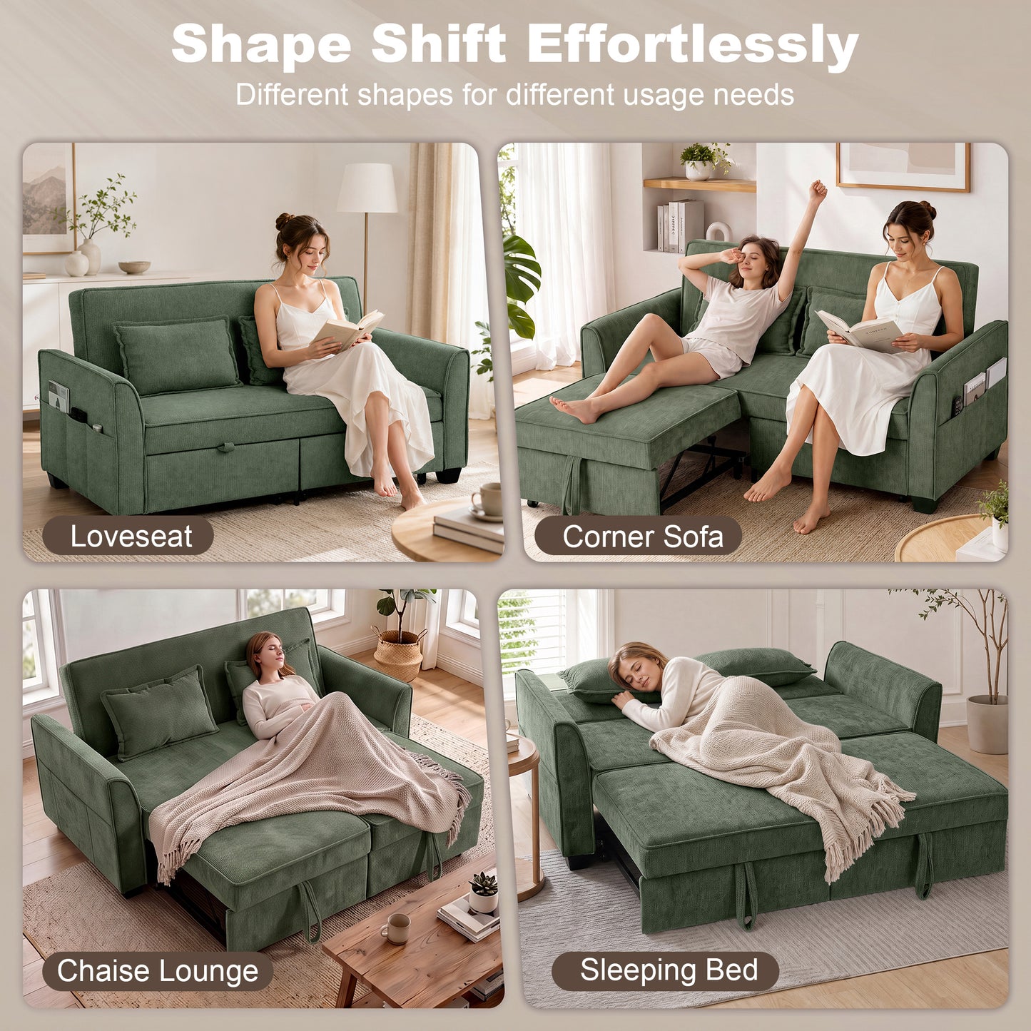 HOMCOM 2 Seater Sofa Bed, 4-in-1 L-Shaped Convertible Pull-Out Sleeper Sofa with Adjustable Backrest Side Pockets, Dark Green