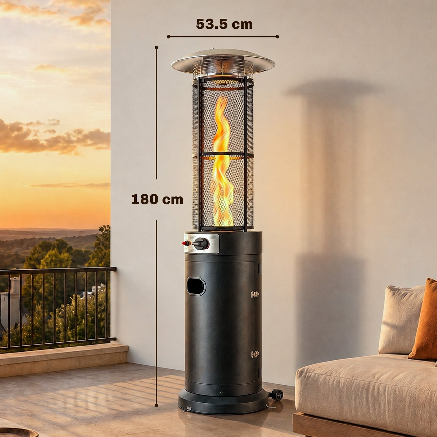 Outsunny 11 KW Freestanding Gas Patio Heater, Adjustable Outdoor Garden Propane Heater with Tip-Over Switch, Wheels, Pulse Ignition, Tank Room with Openable Door, Black