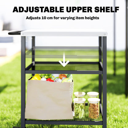 Outsunny Outdoor Grill Cart with Stainless Steel Tabletop, 3-Tier Pizza Oven Stand with Adjustable Shelf, Hooks, Wheels, Black