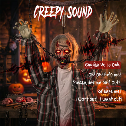 HOMCOM 110cm Screaming Animated Hanging Halloween Decoration, Sound Touch Activated Zombie Decor with Glowing Red Eyes