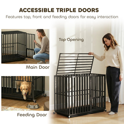 PawHut Heavy Duty Dog Crate, Dog Cage with Wheels for Small Medium Breeds, Metal Pet Kennel with Removable Tray
