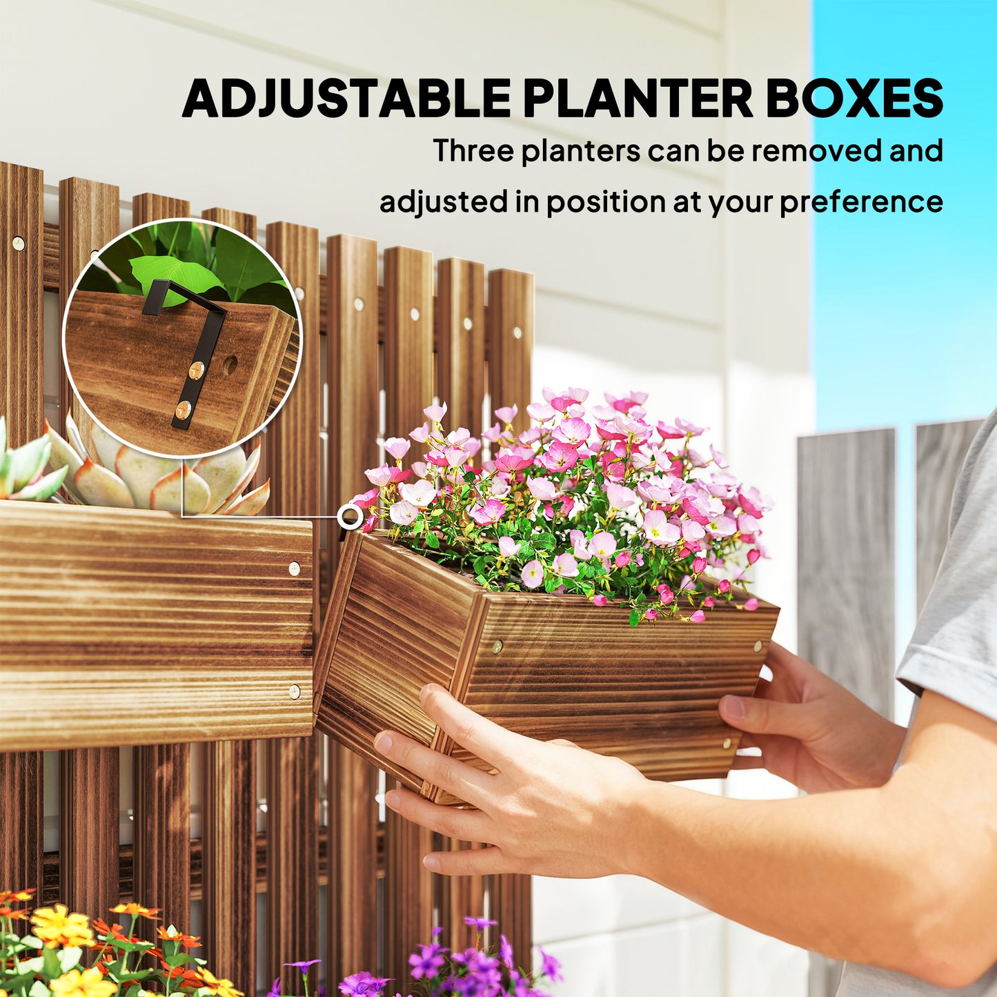 Outsunny Wall-mounted Wooden Garden Planters with Trellis, Drainage Holes and 3 Planter Boxes for Patio, Carbonised
