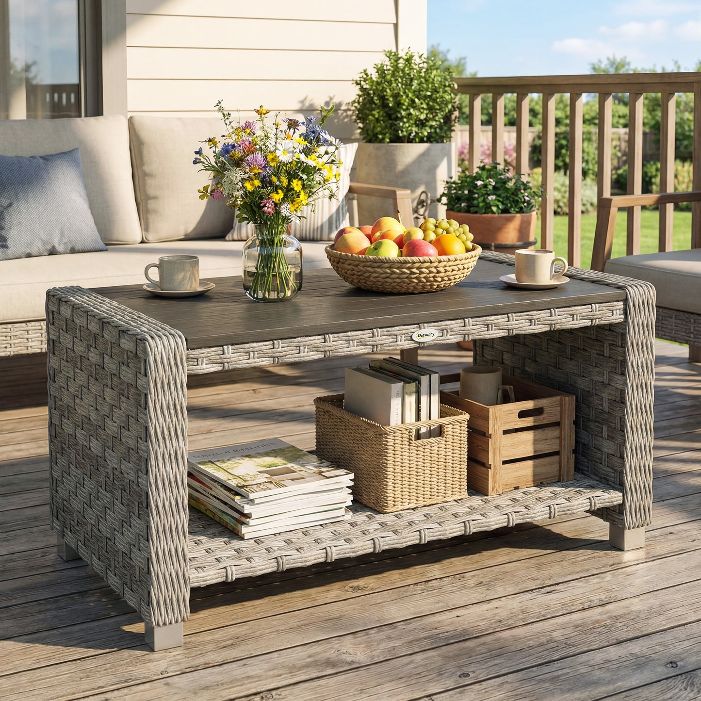 Outsunny Outdoor Coffee Table with Storage Shelf, PE Rattan Side Table with Slatted Top and Foot Pads, Grey