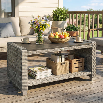 Outsunny Outdoor Coffee Table with Storage Shelf, PE Rattan Side Table with Slatted Top and Foot Pads, Grey