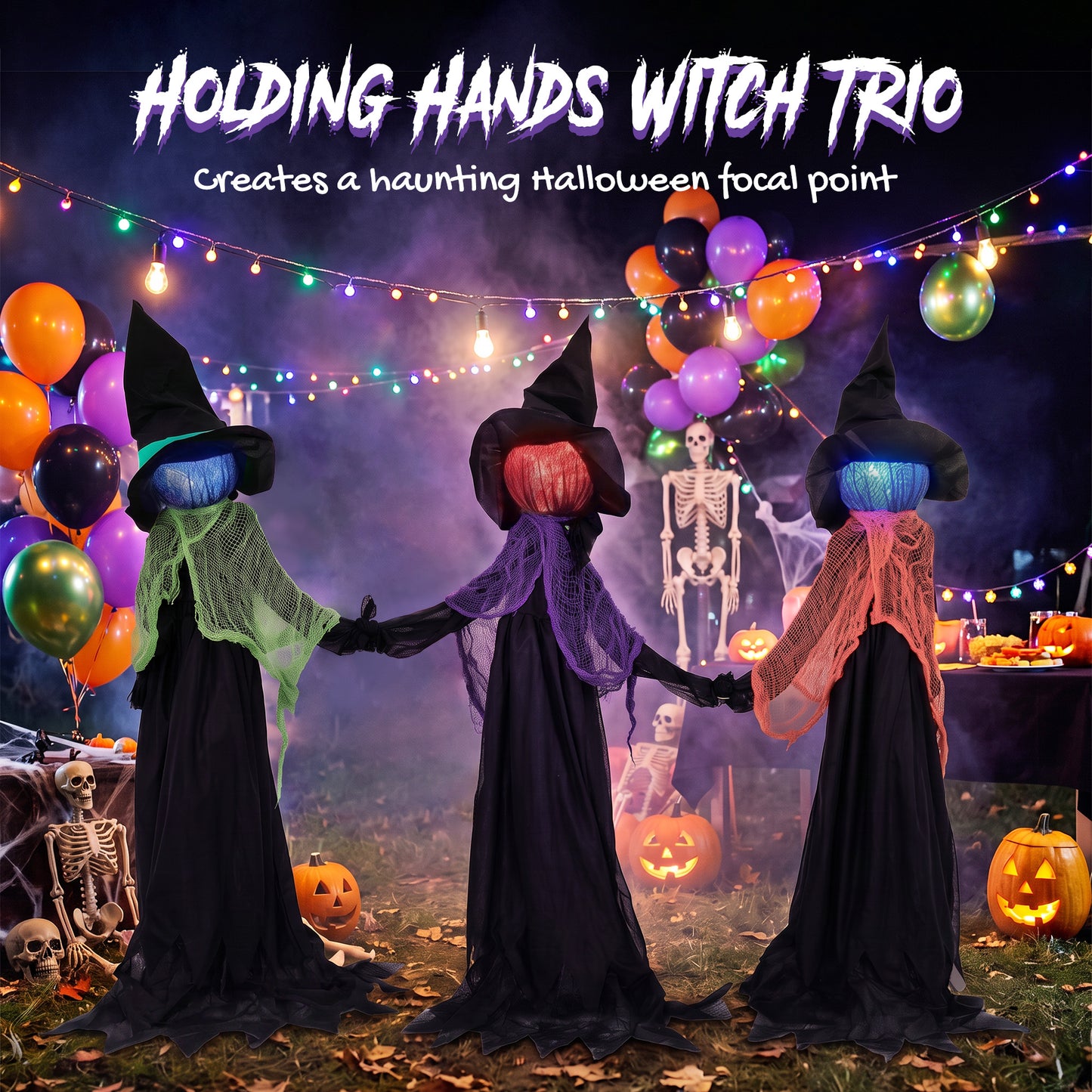 HOMCOM 120cm Witches Holding Hands Halloween Decorations Outdoor Indoor, Scary Halloween Witch Decor with Light-Up Heads