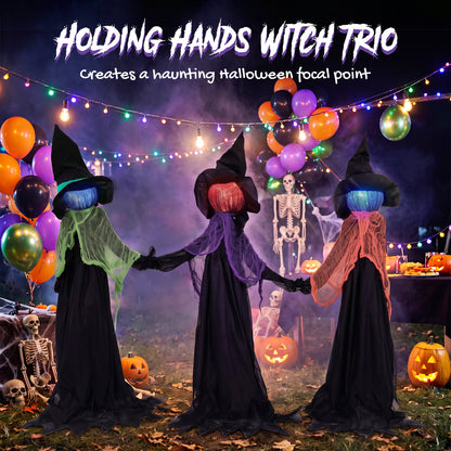 HOMCOM 120cm Witches Holding Hands Halloween Decorations Outdoor Indoor, Scary Halloween Witch Decor with Light-Up Heads