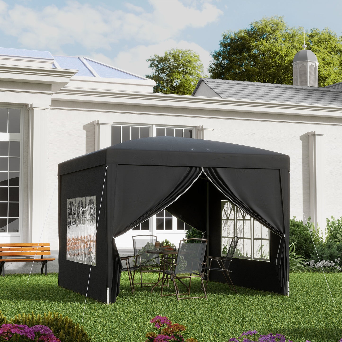 Outsunny 3 x 3 m Garden Pop Up Gazebo, Wedding Party Tent Marquee, Water Resistant Awning Canopy with Sidewalls, Windows, Carry Bag, Black