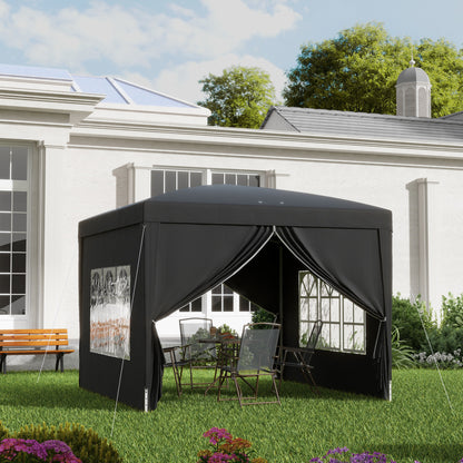 Outsunny 3 x 3 m Garden Pop Up Gazebo, Wedding Party Tent Marquee, Water Resistant Awning Canopy with Sidewalls, Windows, Carry Bag, Black
