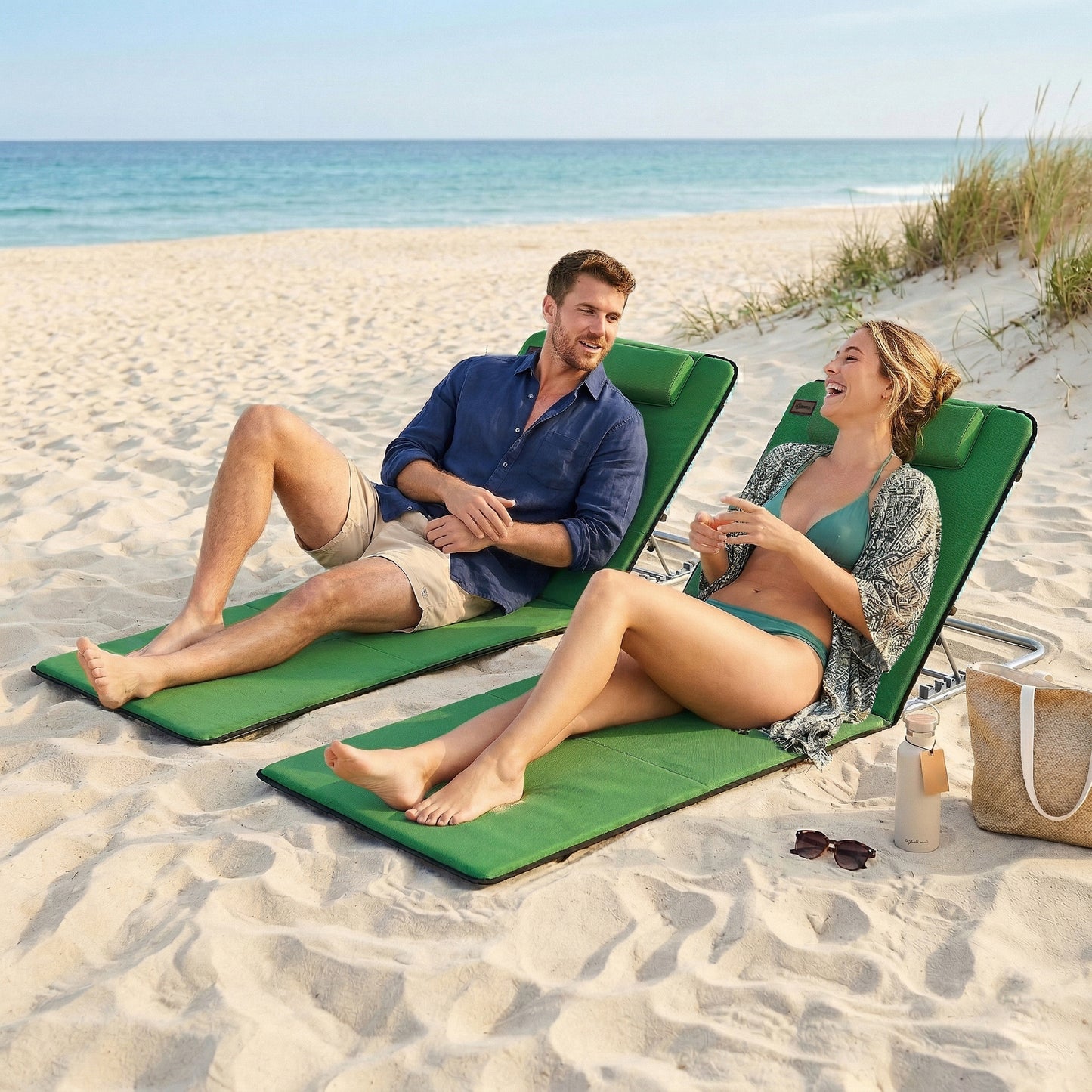 Outsunny Set of Two Metal Frame Beach Chairs, with Reclining Backs - Green