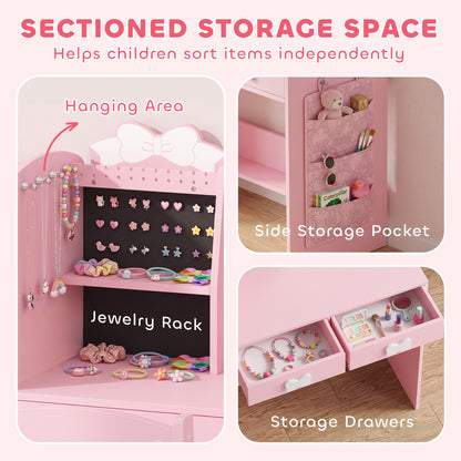 AIYAPLAY Kids Dressing Table, 3-in-1 Girls Vanity Set with Stool, 2-Colour Lights Mirror, Clothes Rack for Ages 3-8, Pink