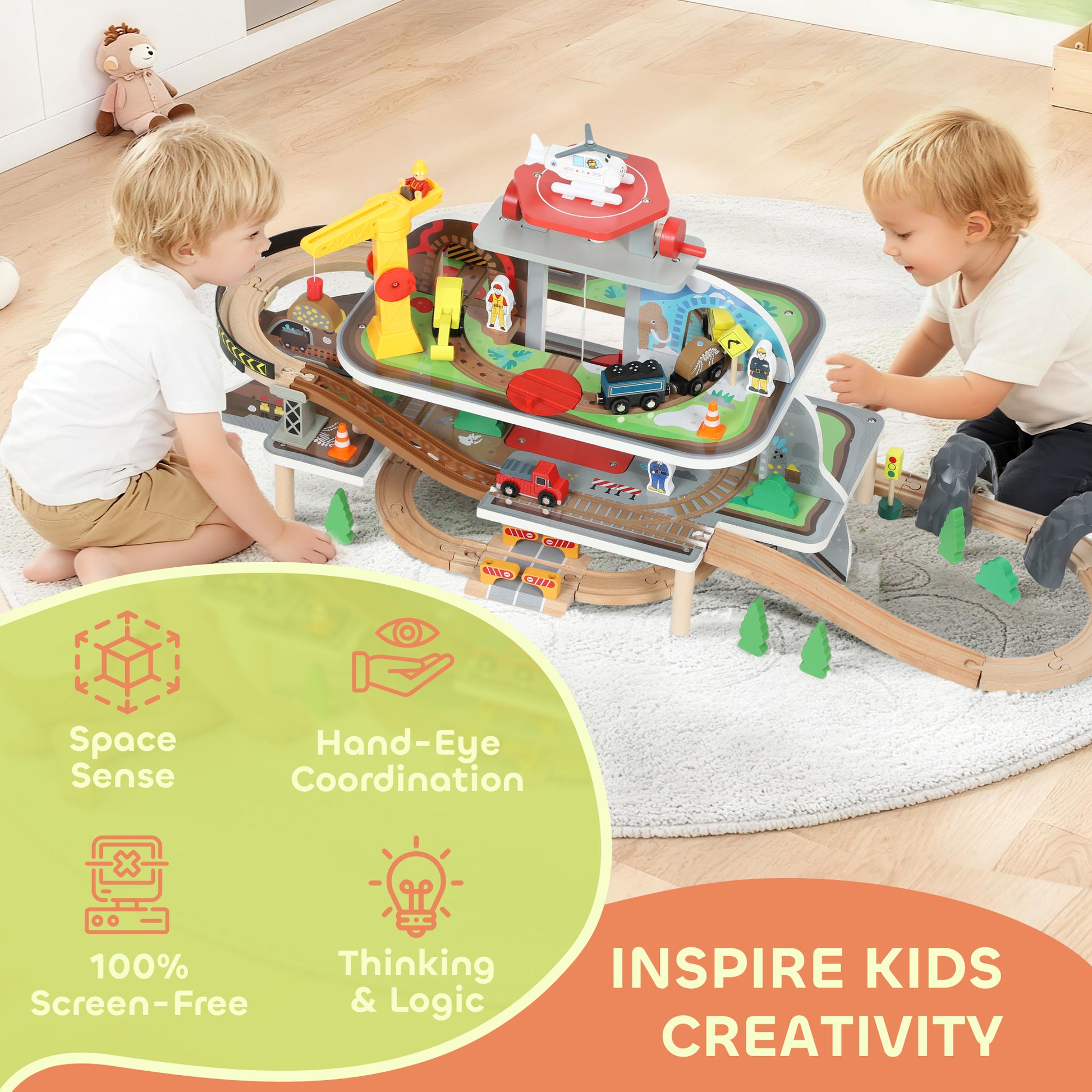 AIYAPLAY 79 Piece Wooden Train Set, Kids Train Track Mine Themed with Crane, Helicopter--ChewyGames-ChewyGames