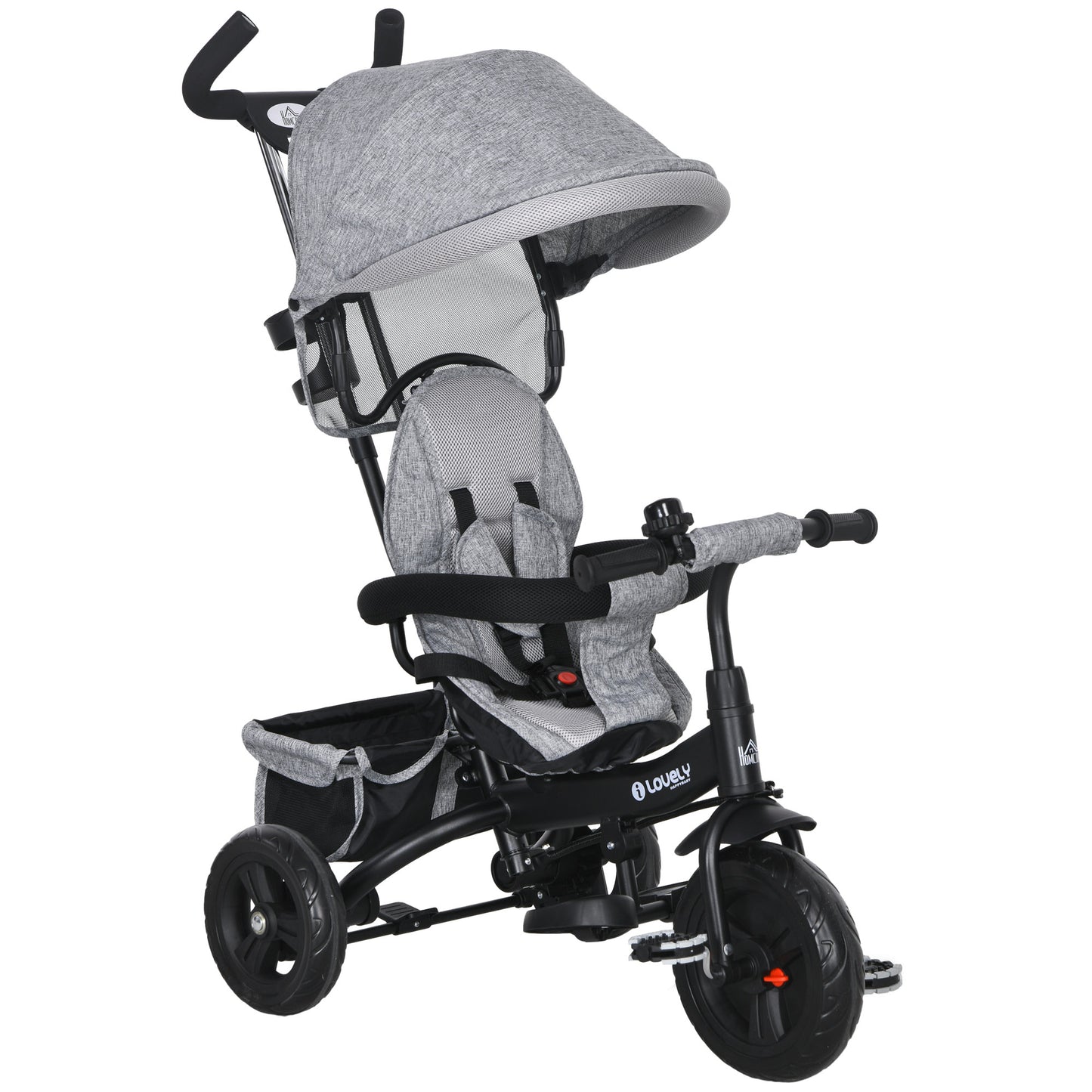 HOMCOM 6 in 1 Kids Trike Push Bike w/ Push Handle, Canopy, 5-point Seat Belt, Storage, Footrest, Brake, for 1-5 Years, Grey