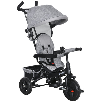 HOMCOM 6 in 1 Kids Trike Push Bike w/ Push Handle, Canopy, 5-point Seat Belt, Storage, Footrest, Brake, for 1-5 Years, Grey