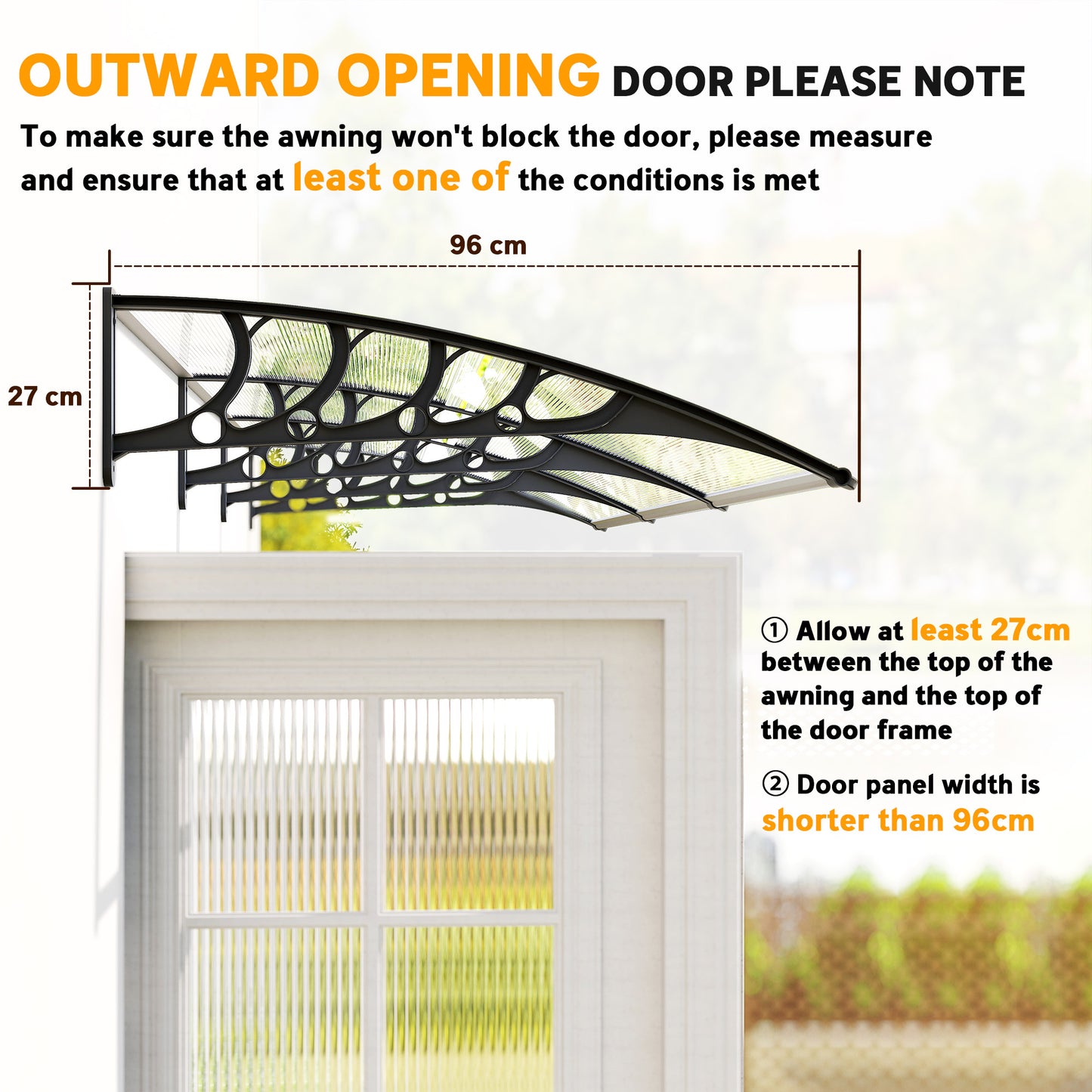 Outsunny Front Door Canopy, Outdoor Awning, 303 x 96cm Rain Shelter for Window, Porch and Front/Back Door, Clear