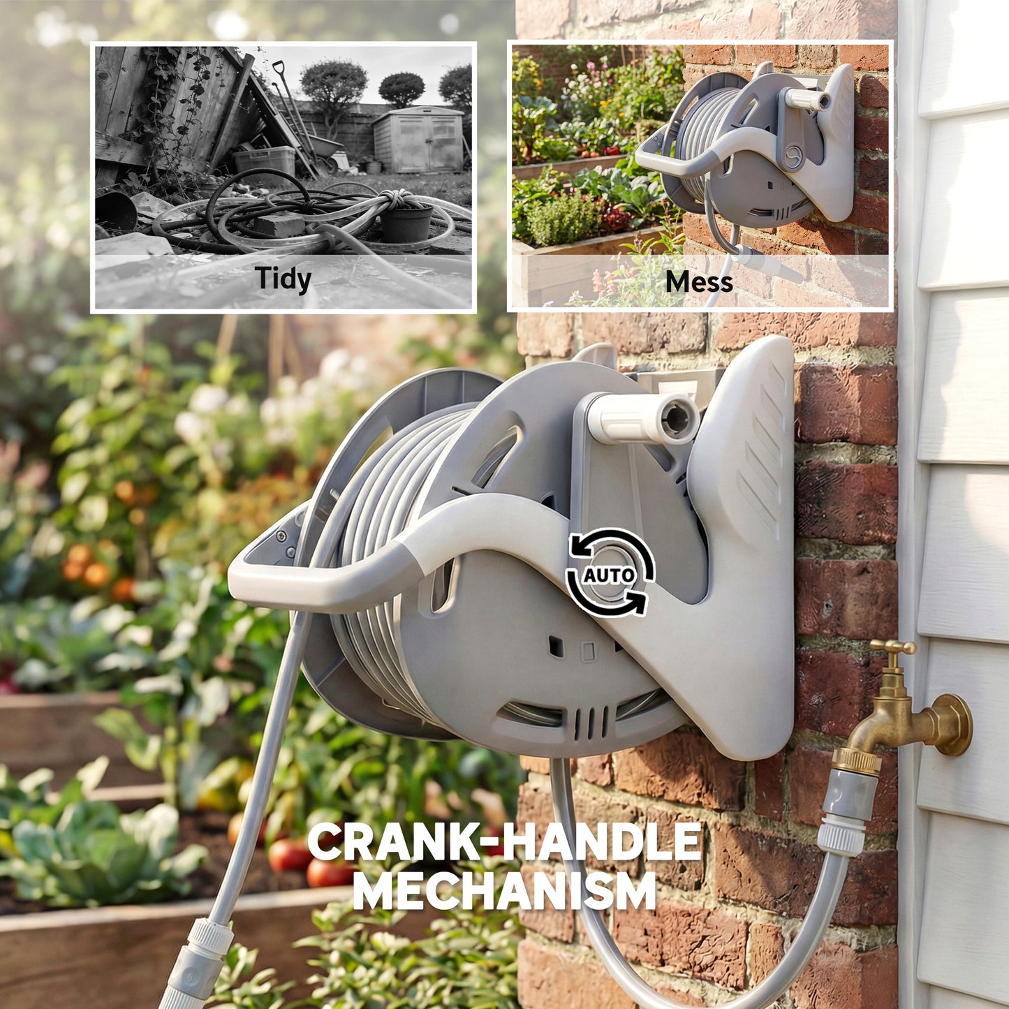 Outsunny Portable Garden Hose Reel, 20+2 m Wall Mounted Hose Reel with 2 Patterns Spray Nozzle and Crank Handle, Grey