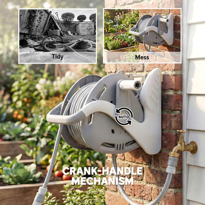 Outsunny Portable Garden Hose Reel, 20+2 m Wall Mounted Hose Reel with 2 Patterns Spray Nozzle and Crank Handle, Grey
