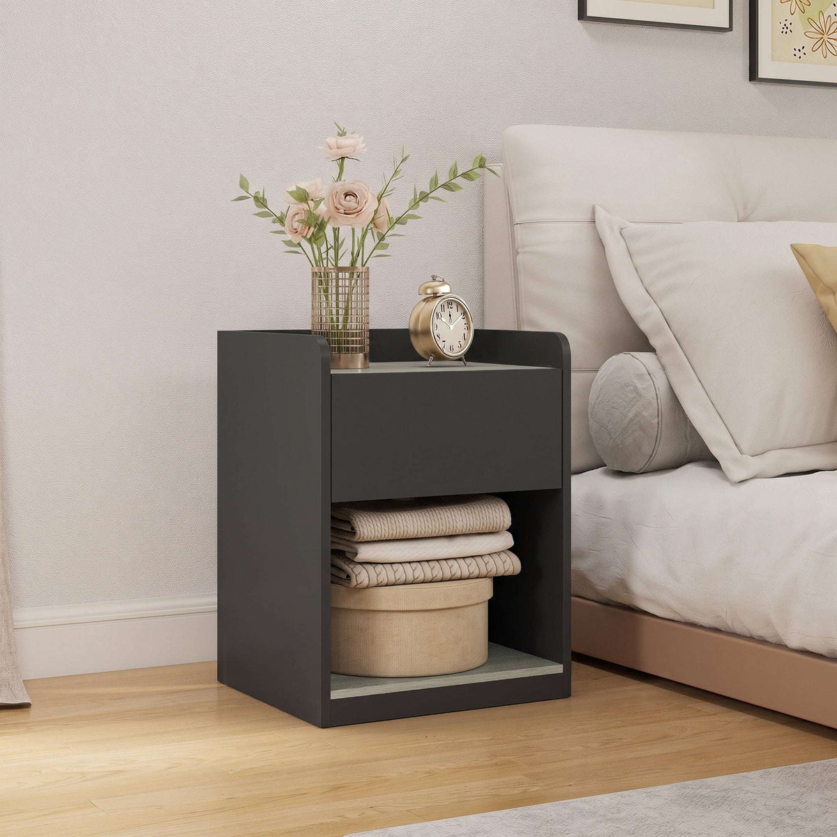 HOMCOM Modern Bedside Table, Slim Nightstand with Drawer, Shelf and Cable Holes, Black and Grey Wood Effect