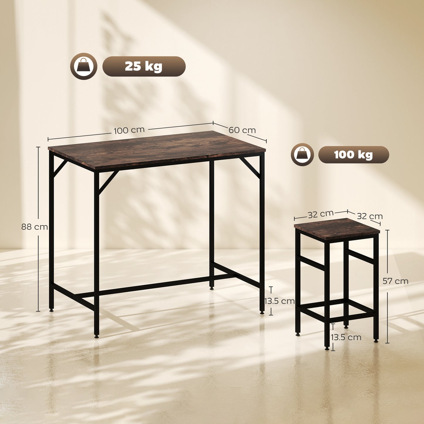 HOMCOM 5-Piece Breakfast Bar Table and Stools Set, Kitchen Bar Table Set with High Table and 4 Stools, Space Saving Compact Dining Furniture for Small Spaces, Rustic Brown