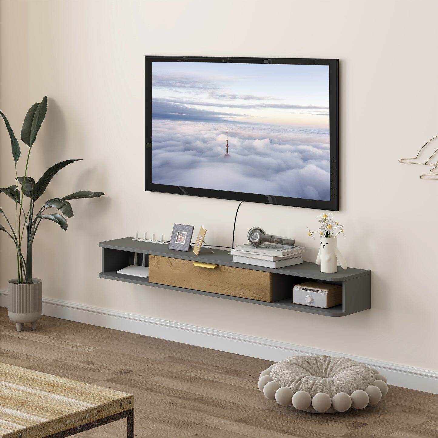 HOMCOM 140 cm Floating TV Stand with Storage - Charcoal Grey