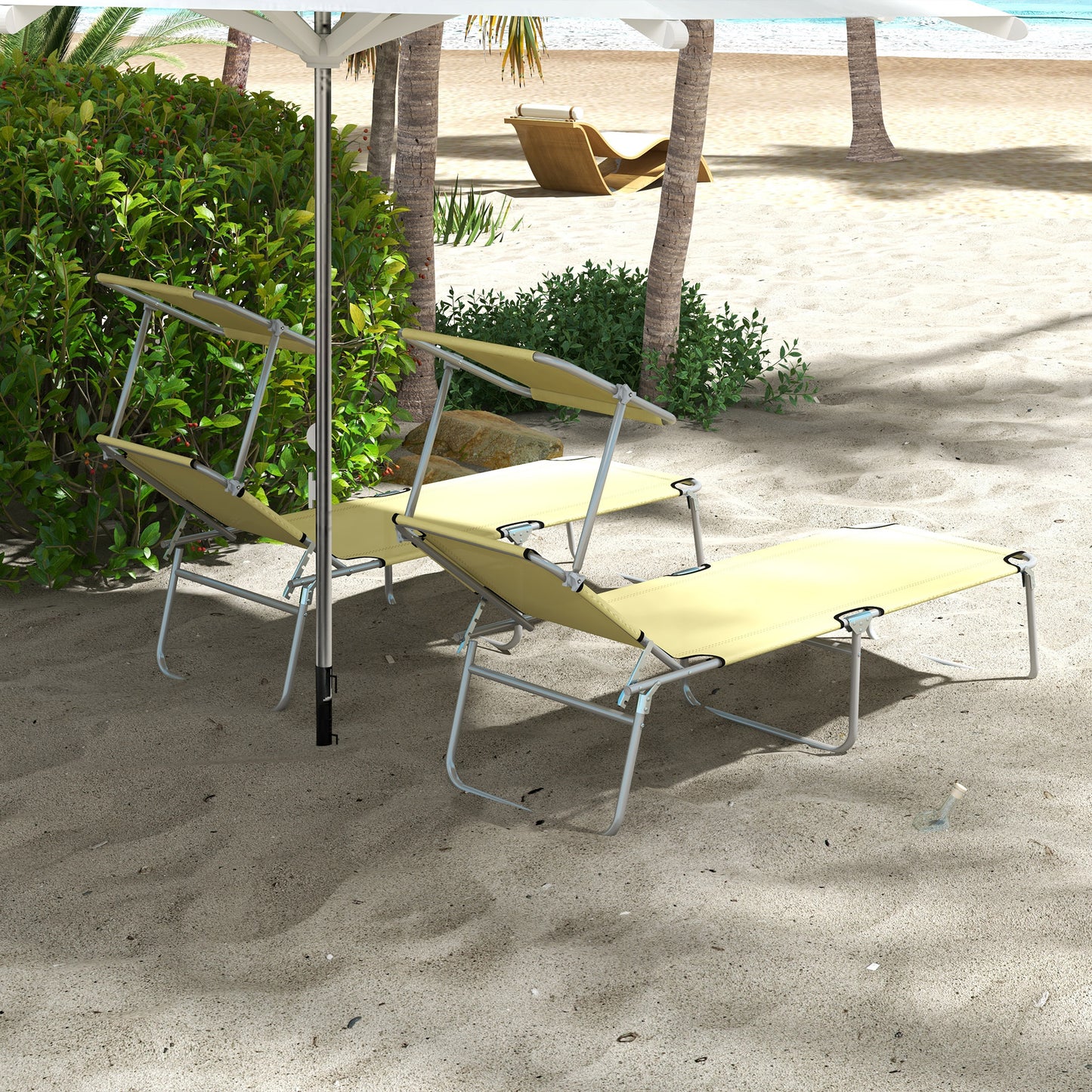 Outsunny Folding Sun Lounger Set of 2 with Canopy, Reclining Sunbed with 4-Position Adjustable Backrest, 600D Oxford Cloth, Portable Garden Lounger Recliner Chair for Beach, Camping, Patio, Beige