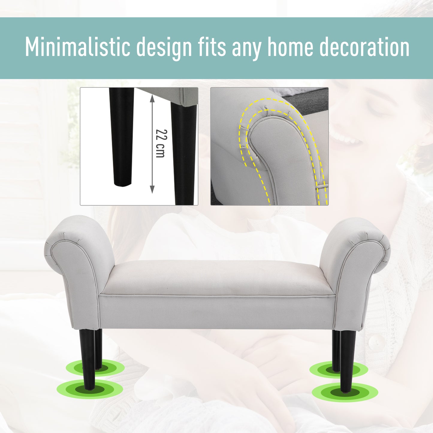 HOMCOM End of Bed Bench, Upholstered Window Seat with Arms and Wooden Legs, Modern Shoe Bench for Entryway, Living Room, Bedroom, Greyish White