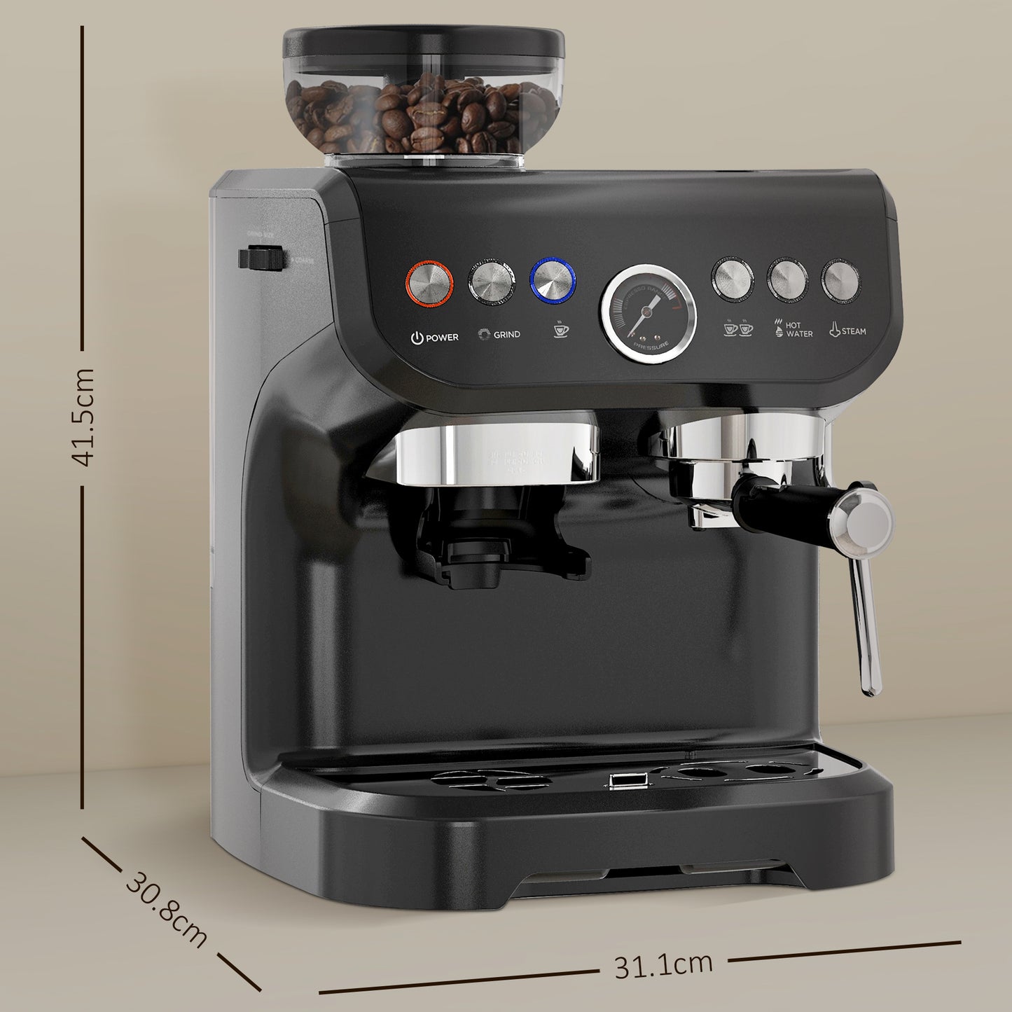 HOMCOM 15 Bar Coffee Machine, with Adjustable Grind, Steamer and Accessories - Black