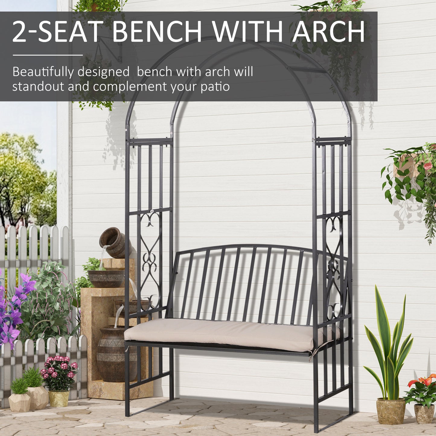 Outsunny Metal Frame Bench W/Arch, 114Lx60Wx206H cm-Grey