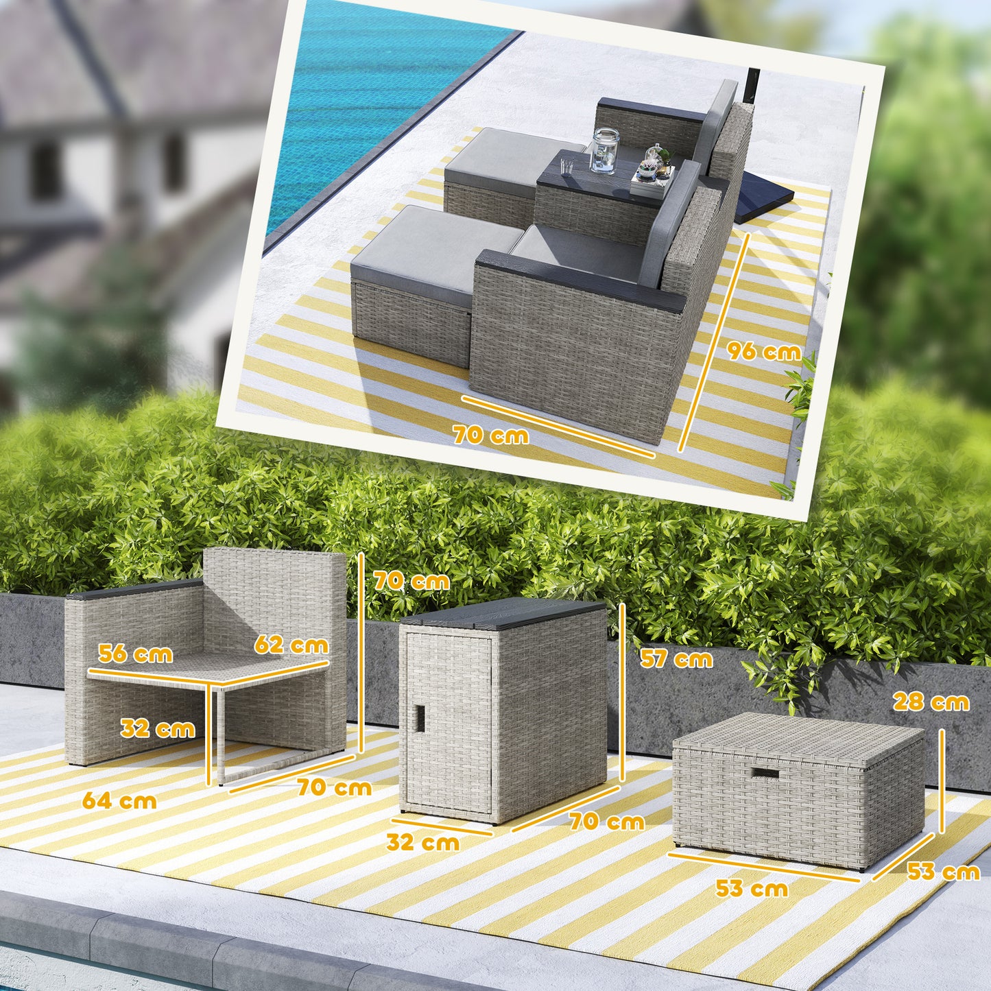 Outsunny 5 Piece Rattan Garden Furniture Set with Storage Table, Footstools, Cushions, Grey