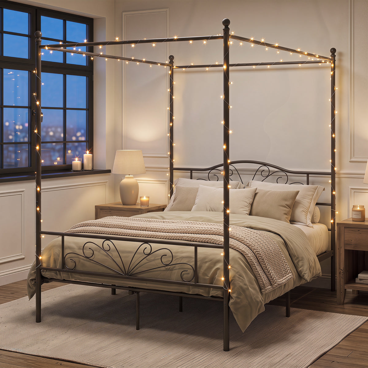 HOMCOM Canopy Bed Frame King Size, Metal Platform Bed Frame with Headboard and Footboard, Underbed Storage, Black
