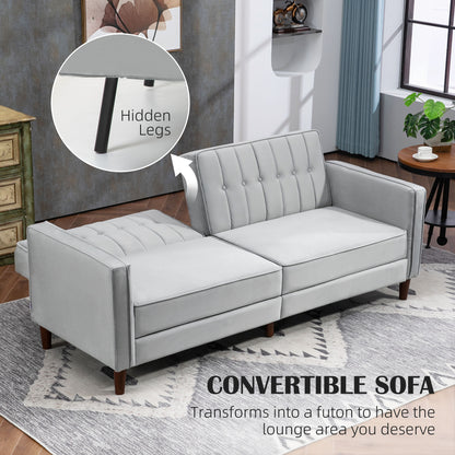 HOMCOM Modern Convertible Sofa Futon Velvet-Touch Tufted Couch with Adjustable Split Back, Light Grey