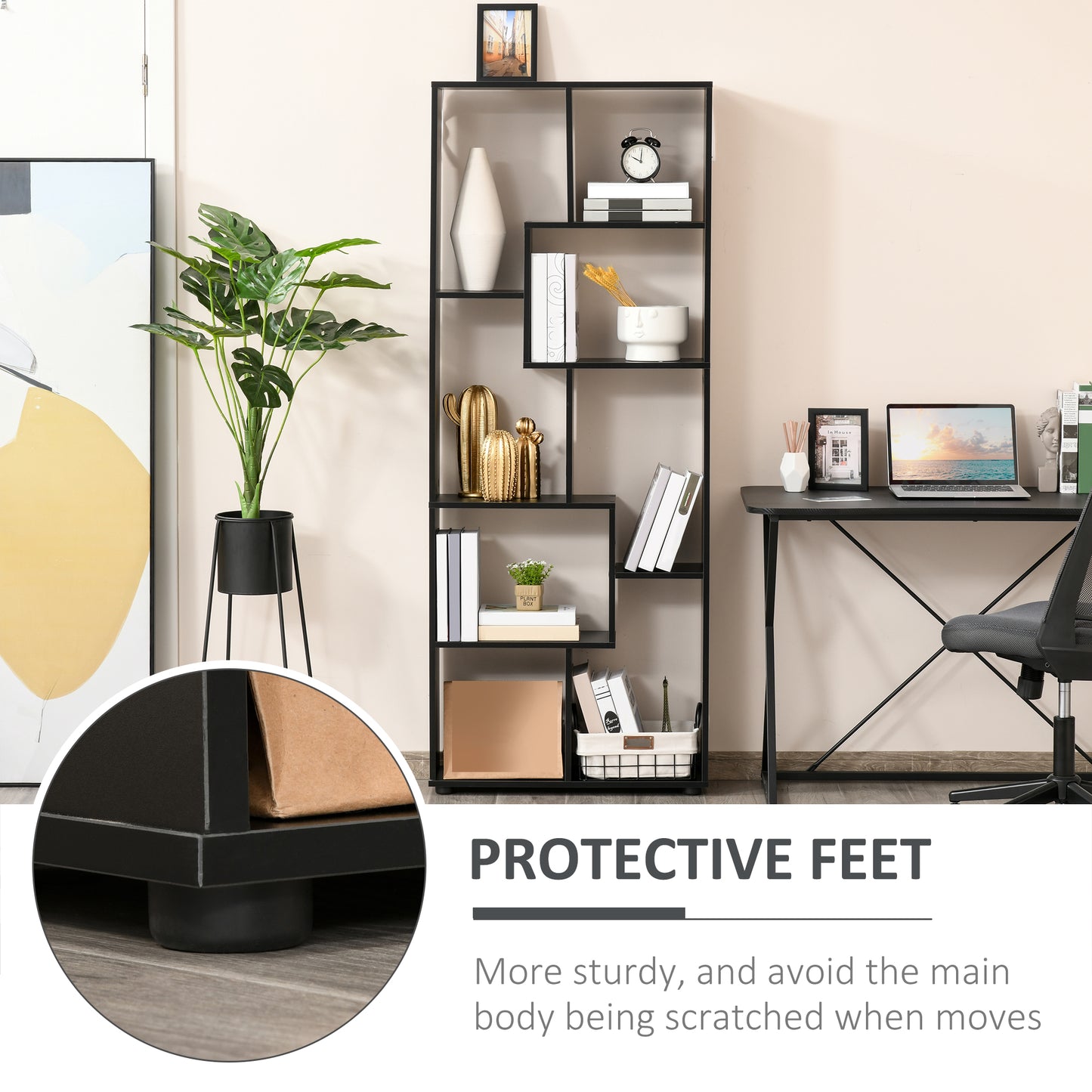 HOMCOM 8-Tier Freestanding Bookcase w/ Melamine Surface Anti-Tipping Foot Pads Home Display Storage Grid Stand Bedroom Living Room Furniture Modern Style - Black