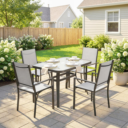 Outsunny Garden Dining Set for 4 with Umbrella Hole, Stackable Chairs and Rectangular Glass-Top Outdoor Table, Light Grey