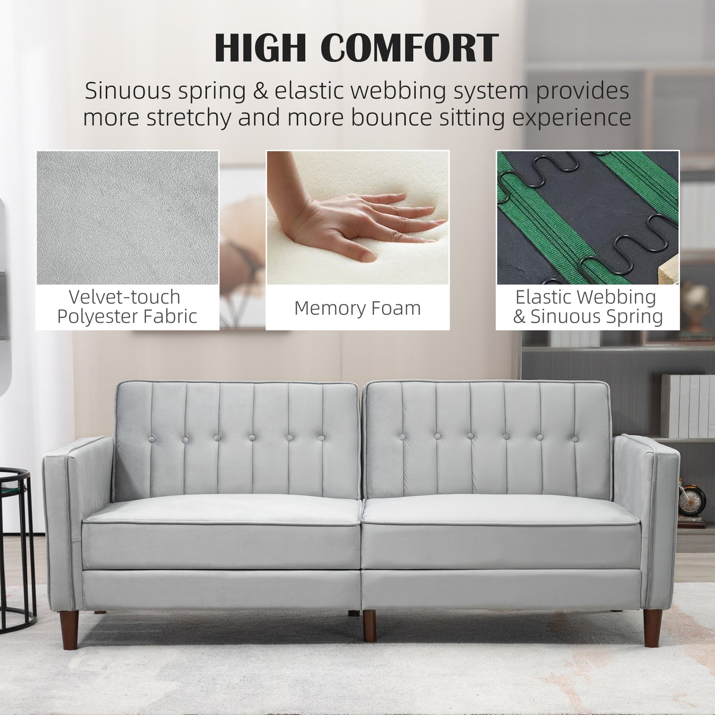 HOMCOM Modern Convertible Sofa Futon Velvet-Touch Tufted Couch with Adjustable Split Back, Light Grey