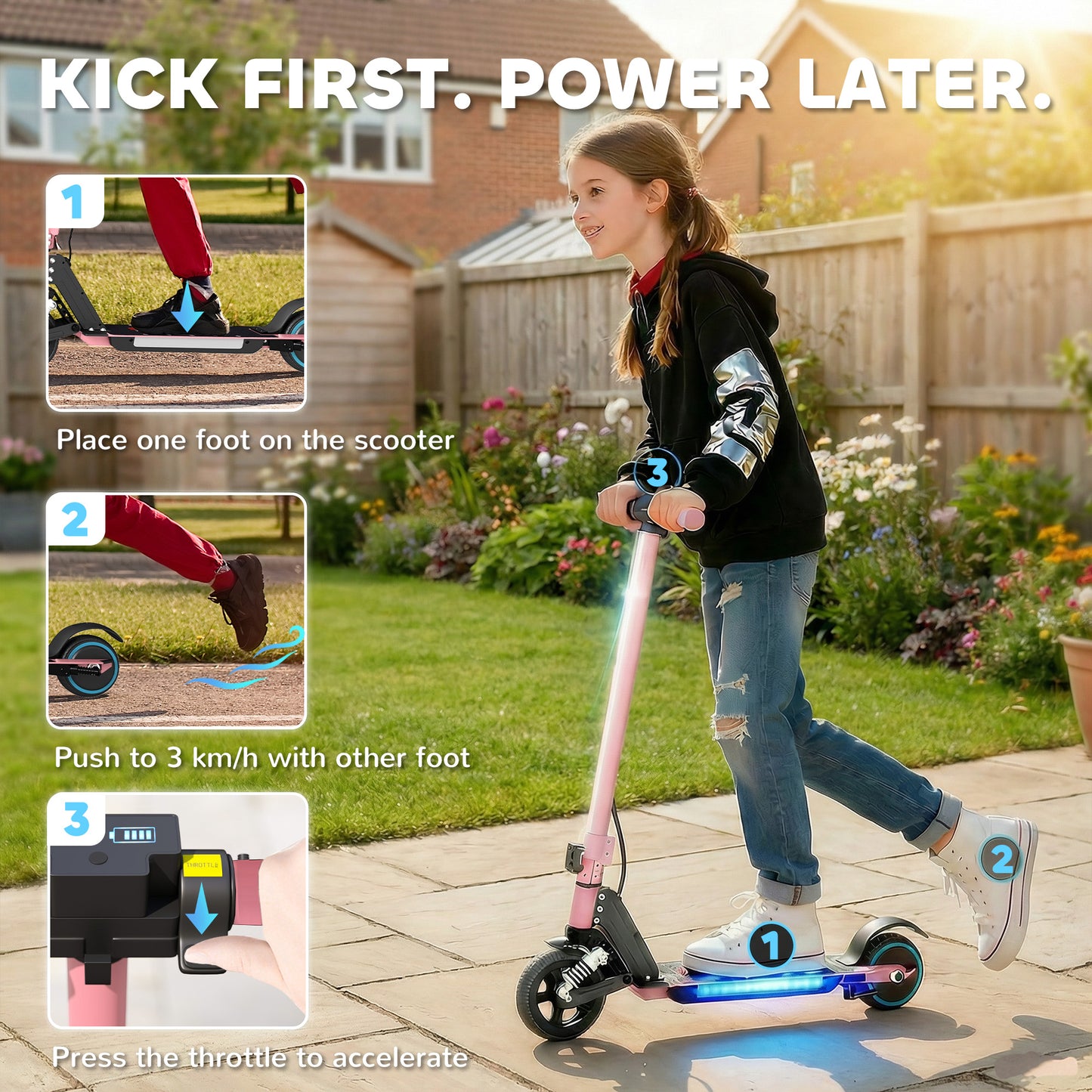 SPORTNOW Folding Electric Scooter for Kids, with Dual Brakes, Front Suspension, LED Colourful Lights, Pink