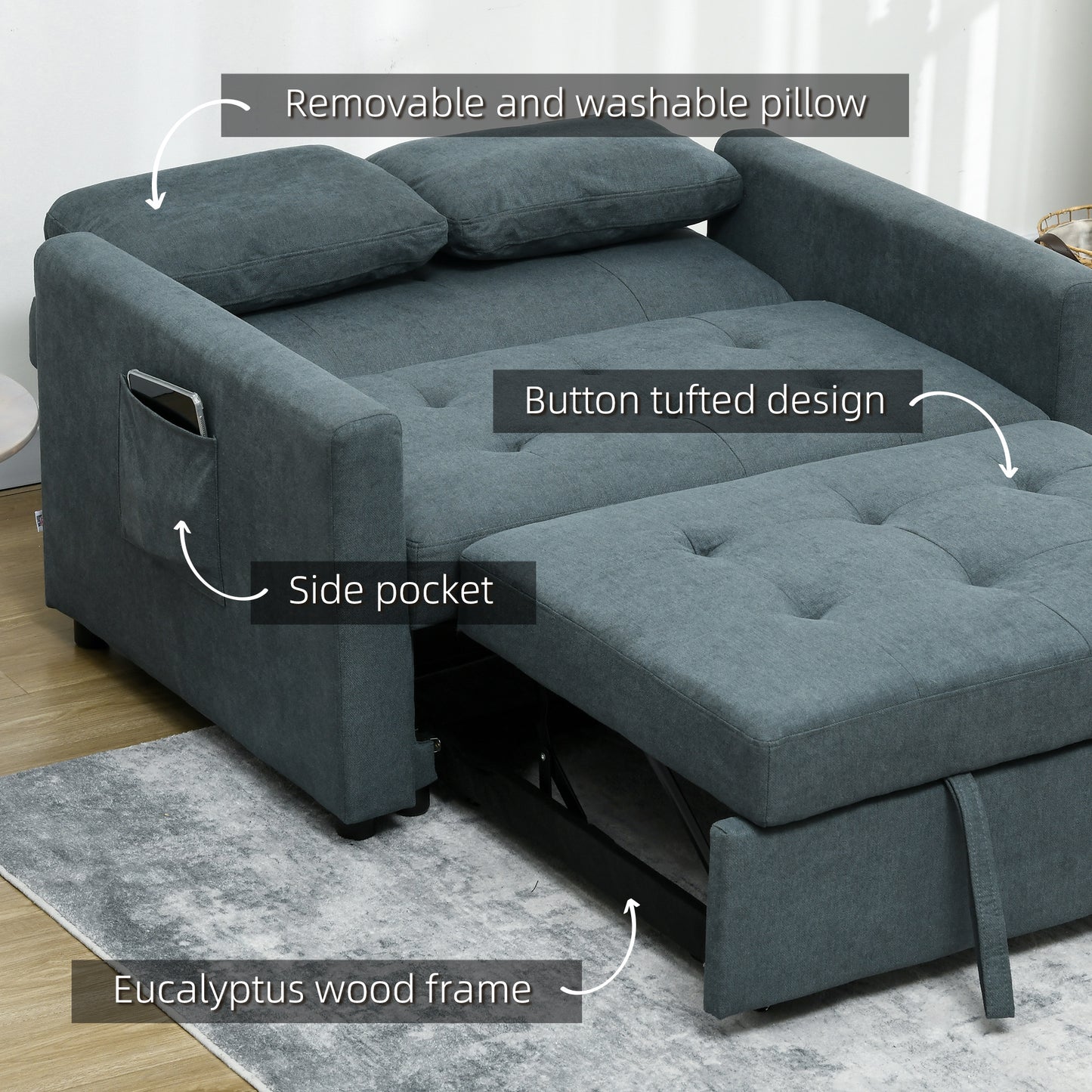 HOMCOM Loveseat Sofa Bed, Convertible Bed Settee with 2 Pillows, Side Pockets, Charcoal Grey