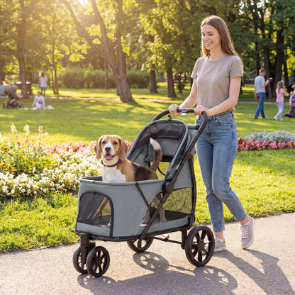 PawHut Dog Stroller, 3 Wheels Pet Stroller with Dual Entry, Easy One-Click Quick Fold, Mesh Windows, Washable Cushion