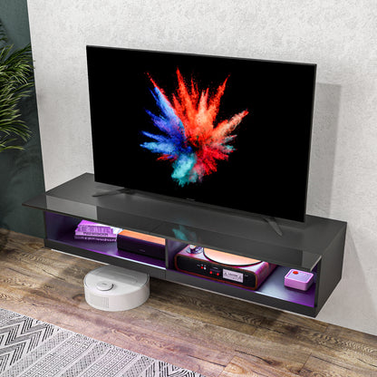 HOMCOM Floating TV Unit, Wall Mounted TV Cabinet for TVs up to 65", High Gloss Media Wall Unit with LED Lights, Storage Shelves, APP Control for Living Entertainment Room, Black