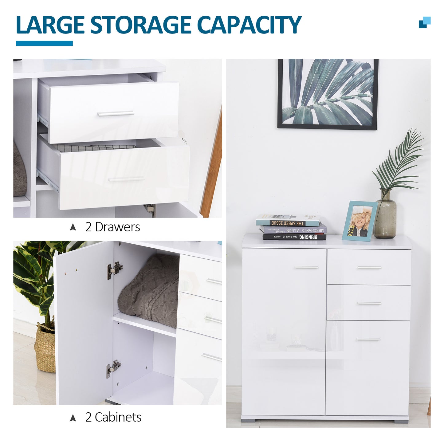 HOMCOM Sideboard, Modern Storage Cabinet with 2 Drawers, 2 Doors and Adjustable Shelf, Kitchen Cabinet for Living Room, Dining Room, High Gloss White