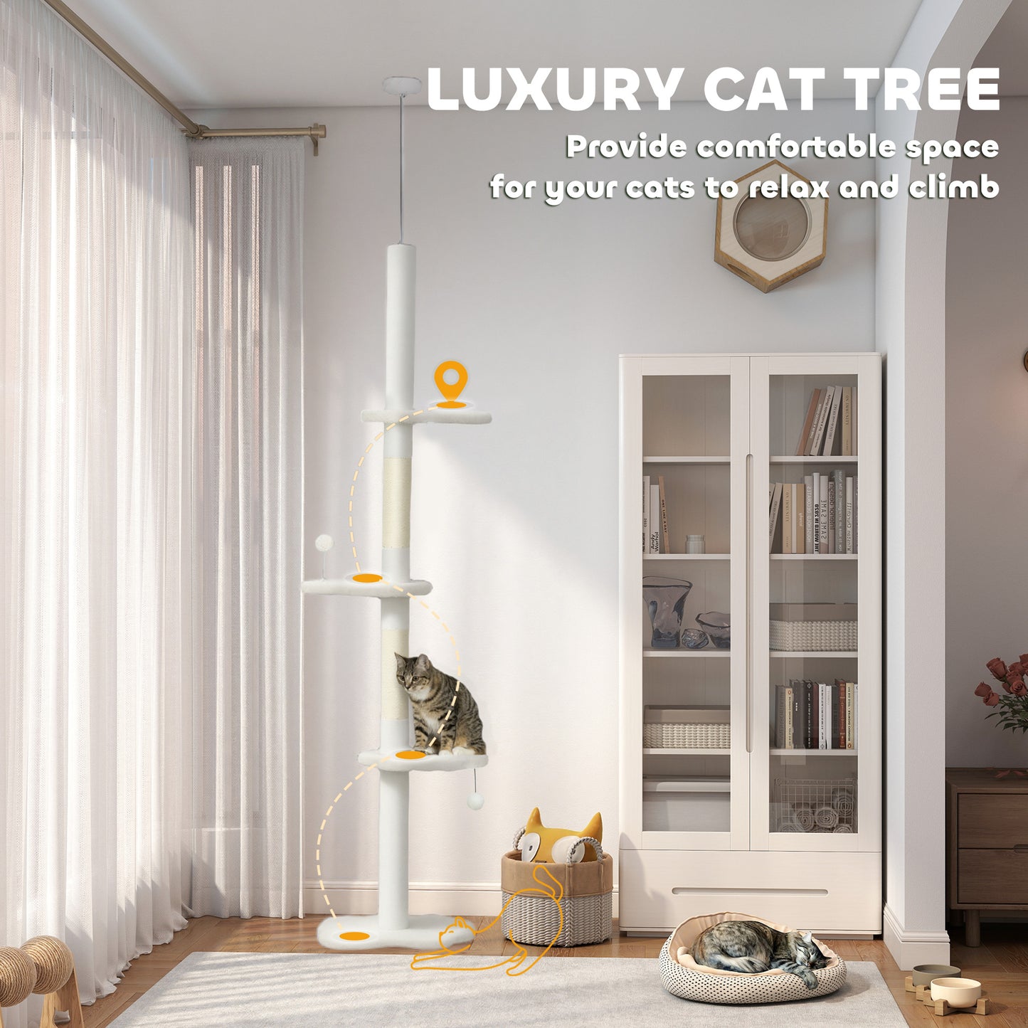 PawHut 225-255 cm Adjustable Cat Climbing Tower with Sisal Scratching Posts, 2 Hanging Play Balls and Anti-Tip Strap, Beige