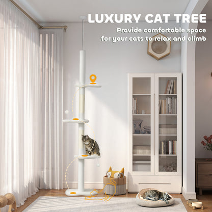 PawHut 225-255 cm Adjustable Cat Climbing Tower with Sisal Scratching Posts, 2 Hanging Play Balls and Anti-Tip Strap, Beige