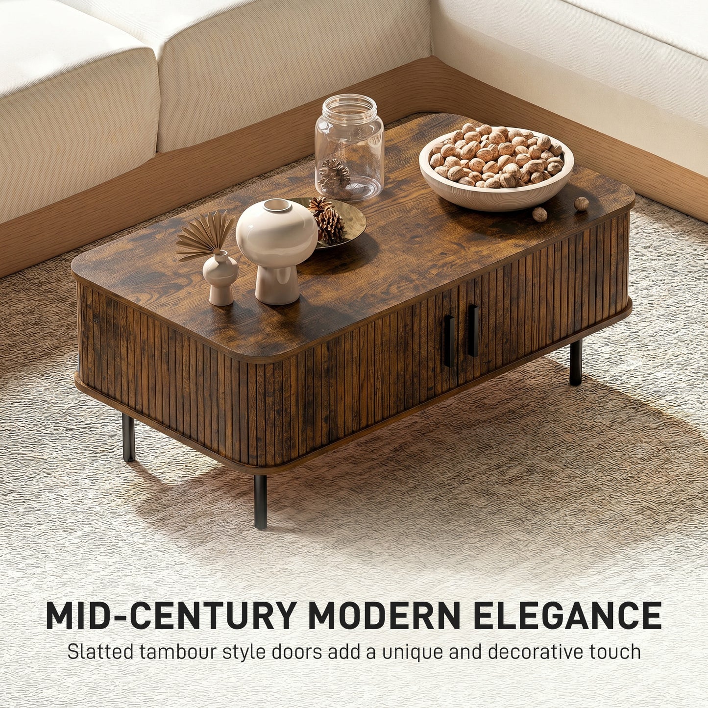 HOMCOM Coffee Table with Storage, Living Room Table with Slatted Tambour Sliding Doors and Adjustable Foot Pads, Rectangular Coffee Table with Elevated Base for Living Room, Rustic Brown