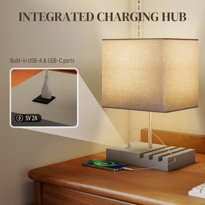 HOMCOM Bedside Lamp with USB A+C Charging Ports and 3 Phone Stands, Modern Table Lamp with Solid Wood Base and Fabric Shade for Bedroom Living Room Office, E27 Socket, Bulb Not Included, Grey--ChewyGames-ChewyGames