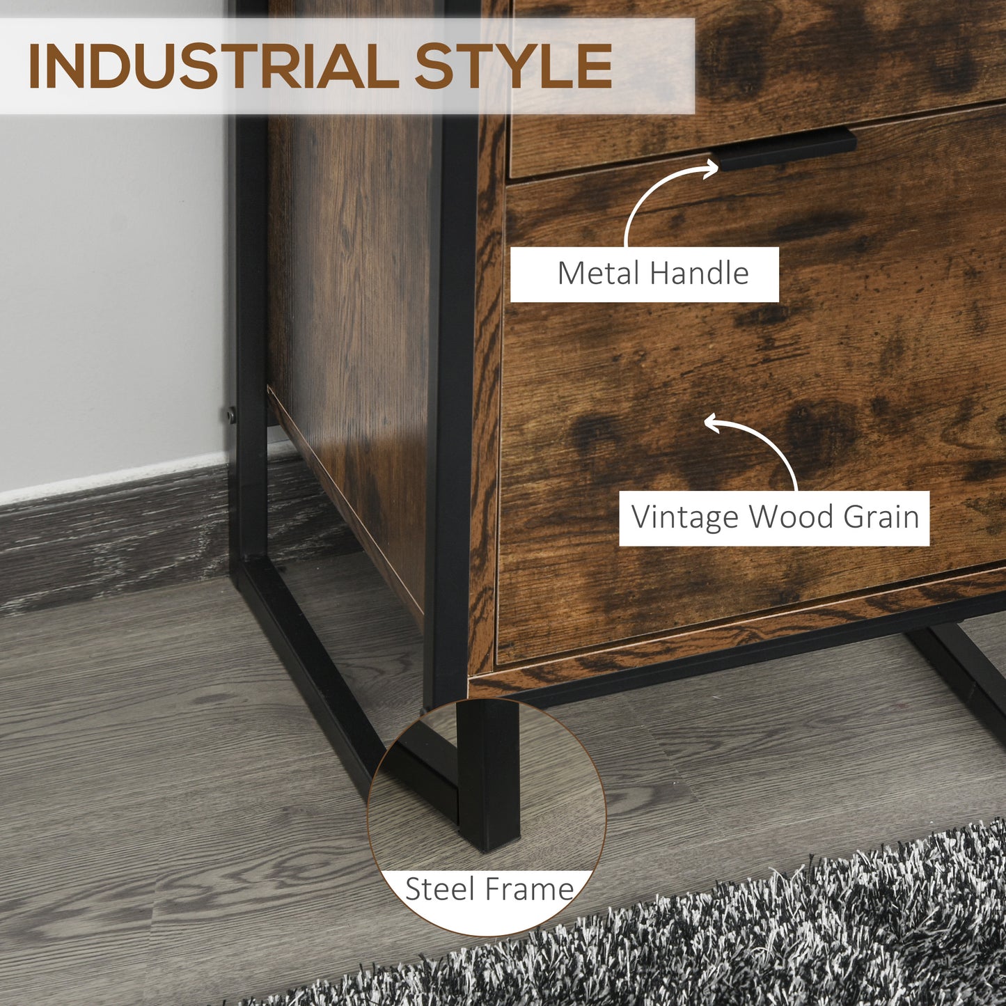 HOMCOM Bedroom Chest of Drawers Set of 2, Industrial 3-Drawer Dresser, Storage Drawers Unit with Metal Frame for Living Room, Rustic Brown