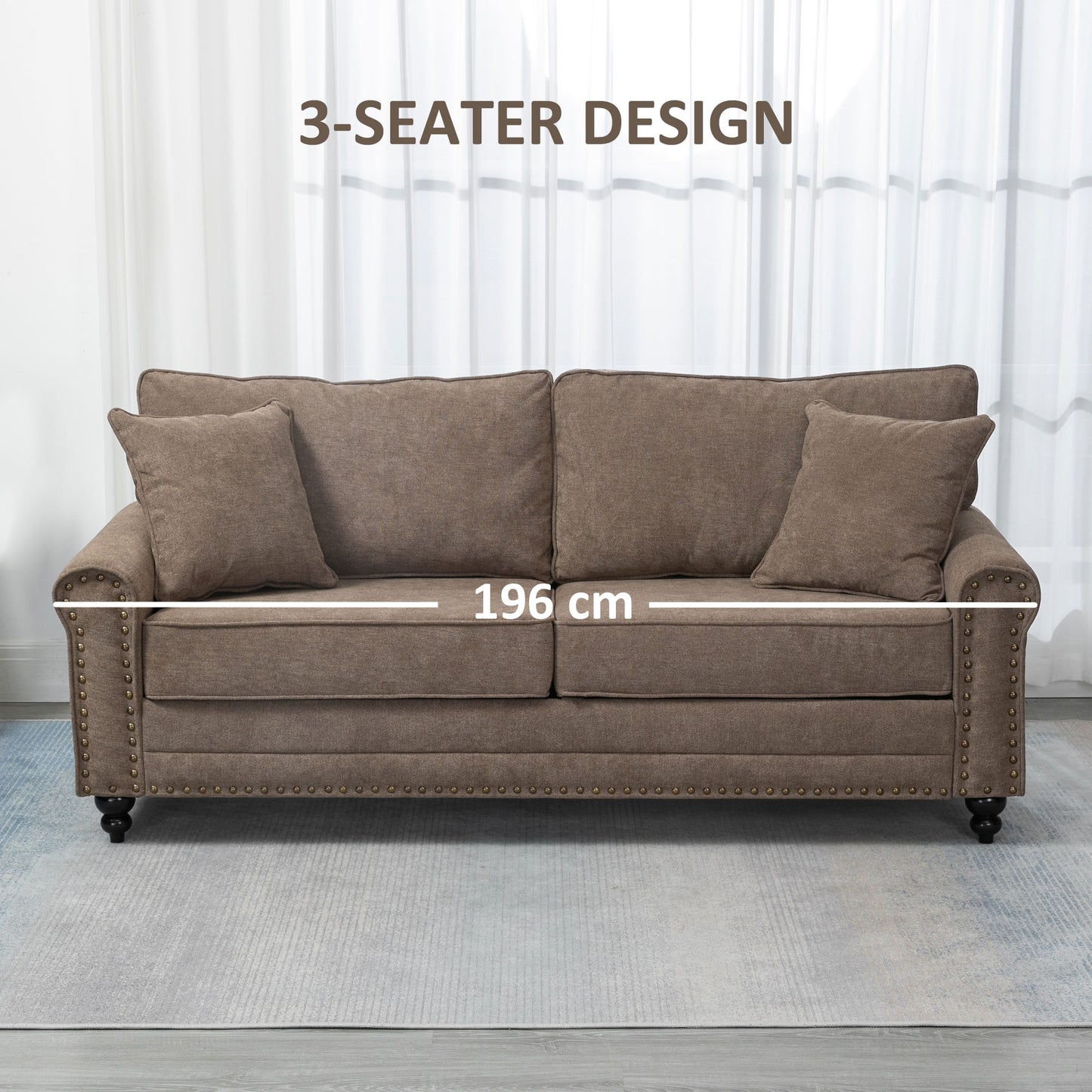 HOMCOM 196cm 3 Seater Sofa, Fabric Sofa with Rubber Wood Legs, Nailhead Trim, 2 Pillows, Small Upholstered Couch Settee for Living Room, Guest Room, Brown